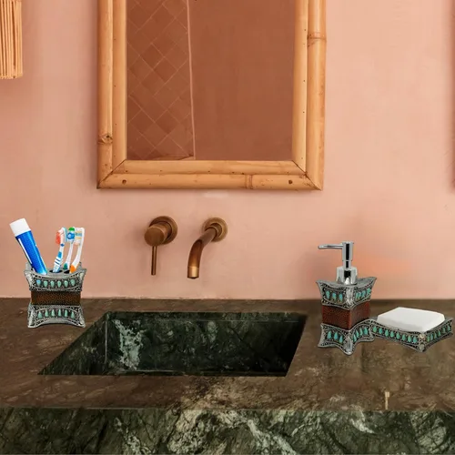 Vista 4 de Juego de baño rústico de 3 piezas, kit de decoración de piel sintética y resina turquesa
