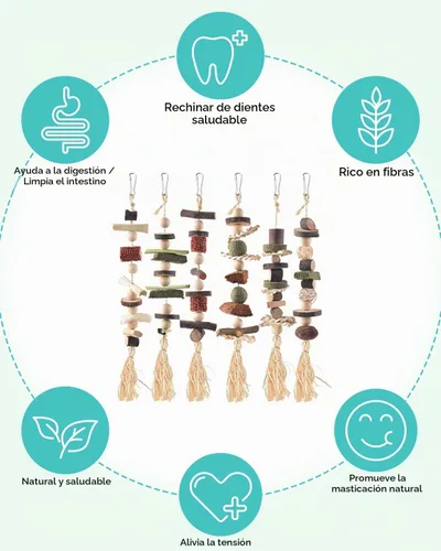 Vista 3 de DBNESS 6 juguetes masticables de conejo, hámster, conejo, jaula de conejo, juguetes masticables colgantes, golosinas naturales de madera de manzana