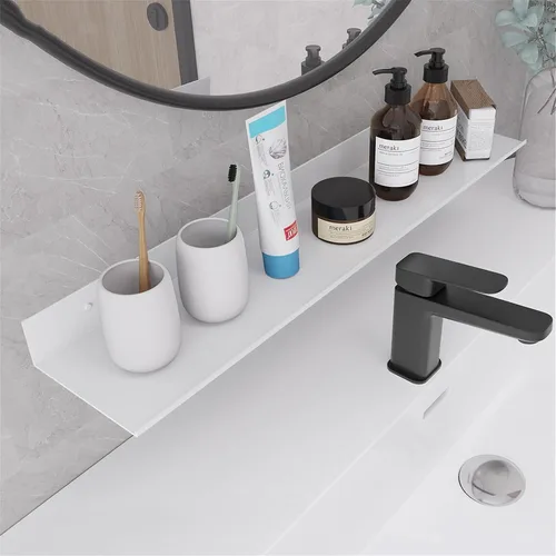 Vista 4 de Chrasy Estante flotante de pared adhesivo montado en la pared, organizador de tocador de baño, estante metálico de aluminio para decoración