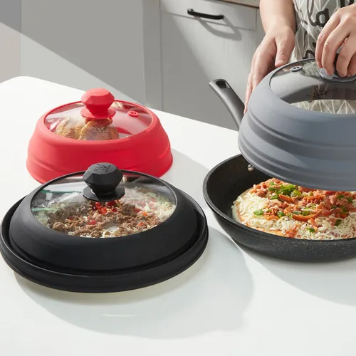 Vista 6 de Cubierta para salpicaduras de microondas, tapa protectora de salpicaduras de vidrio ventilado con silicona plegable para alimentos como placa