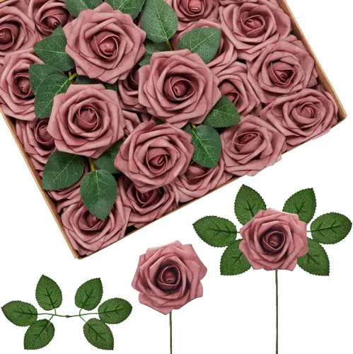Vista 22 de InnoGear Flores artificiales, paquete de 50 unidades, rosas artificiales de espuma negras con tallos a granel para decoración, ramos de boda DIY