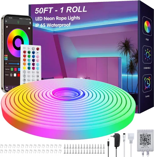 Vista 5 de Ledagic - Tira de luces LED de neón RGB de 10 pies con control remoto y aplicación, tiras de luces LED de neón impermeables IP65 para exteriores