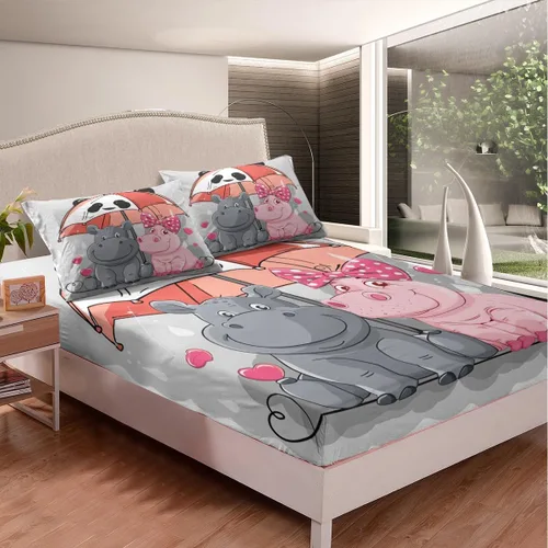 Vista 2 de Erosebridal Juego de ropa de cama de hipopótamo de dibujos animados Kawaii Panda Umbrella para niños y niños, lindas sábanas de cama para amantes
