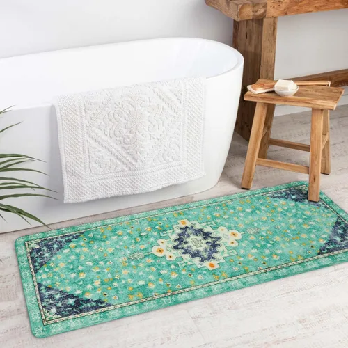 Vista 30 de Uphome Alfombra de baño vintage, azul, bohemio, antideslizante, oriental, suave, lavable a máquina, lindas alfombras de baño tribales florales