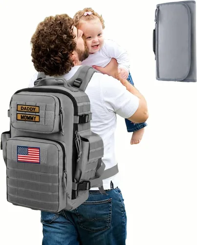 Vista 13 de SHARKMOUTH - Bolsa de pañales para papá para hombre, mochila militar para bebé con parches para senderismo, viajes, viajes de campamento, regalos
