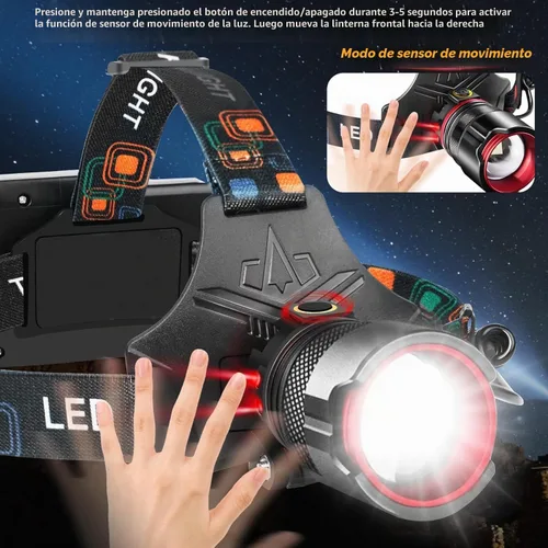 Vista 8 de UVER Linterna frontal LED recargable de 125° gran angular recargable, súper brillante 90000LM lámpara de cabeza con 8 modos de luz, linterna