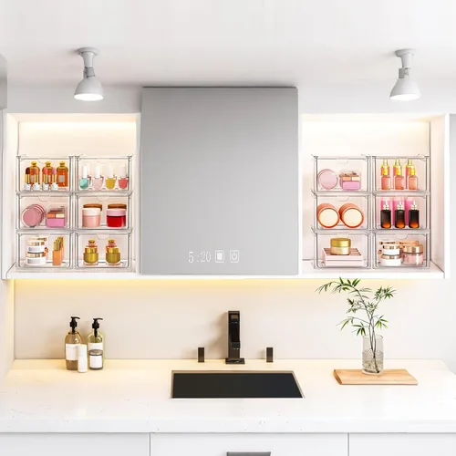 Vista 6 de caktraie Paquete de 6 pequeños cajones apilables para baño, organizador de maquillaje acrílico para baño, contenedores de almacenamiento de plástico