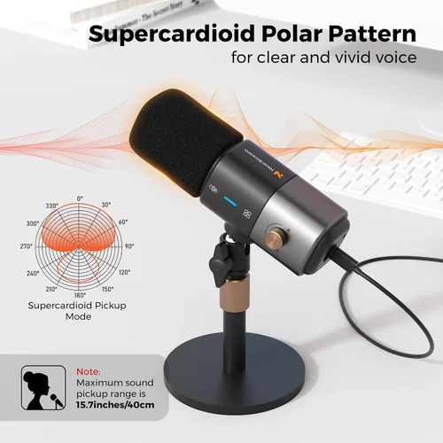 Vista 5 de NearStream AM25X Gen2 Micrófono de Condensador XLR/USB con Cancelación de Ruido/Control de Volumen/Entrada de Auriculares/Silencio, Micrófono