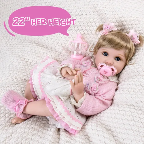 Vista 7 de Aori Muñecas Reborn de 22 pulgadas – Muñeca de bebé realista para niños de 3 años en adelante – Bebé recién nacido realista con traje rosa – Cuerpo