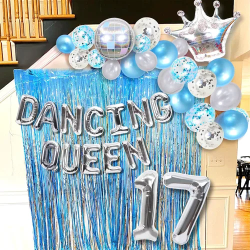 Vista 3 de 37 PIEZAS Bailarina Reina 17 Globos Bailarina Reina Decoraciones de Fiesta Mamma Mia 17 Cumpleaños Decoración Plata Azul 17 Decoración de Cumpleaños