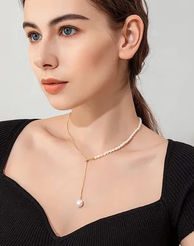 Vista 6 de Cowlyn Collar con colgante de perlas, cadena Lariat en forma de Y, oro de 14 quilates, colgante largo, joyería para mujeres y niñas, Metal