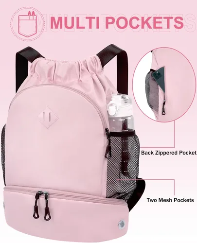 Vista 5 de Mochila de gimnasio con cordón y compartimento para zapatos para hombres y mujeres, bolsa deportiva de cuerda con bolsillo húmedo, bolsa de playa