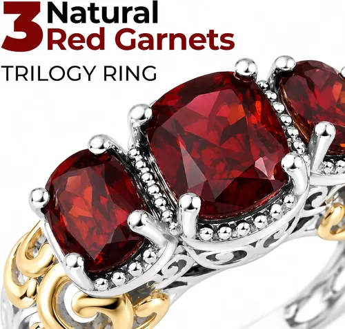 Vista 4 de 3 Stone Garnet Ring Silver with 14K Gold Plating January Birthstone Ring Cojín.