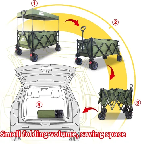 Vista 3 de TMZ Carro plegable de 445L extra grande para exteriores, carritos de servicio pesado plegables con ruedas grandes todo terreno, toldo y frenos