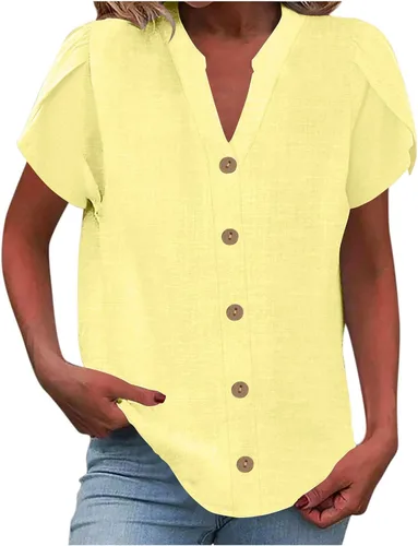 Vista 19 de Camisetas de verano para mujer, de manga corta, pétalos, de lino, con bolsillo, casual, con botones, blusas básicas