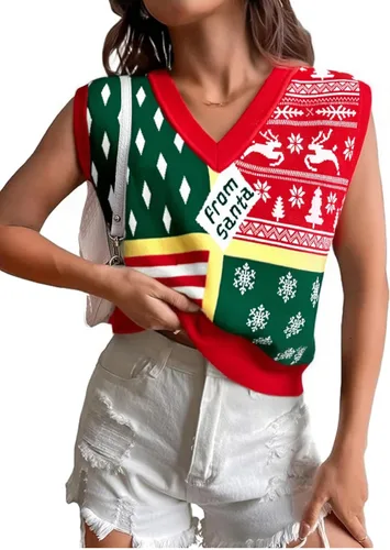 Vista 7 de JULYCLO Chaleco de Suéter Navideño para Mujer, Suéter Feo de Renos Tejidos y Copo de Nieve, Estilo Casual, con Cuello en V, Sin Mangas, Parte Negro