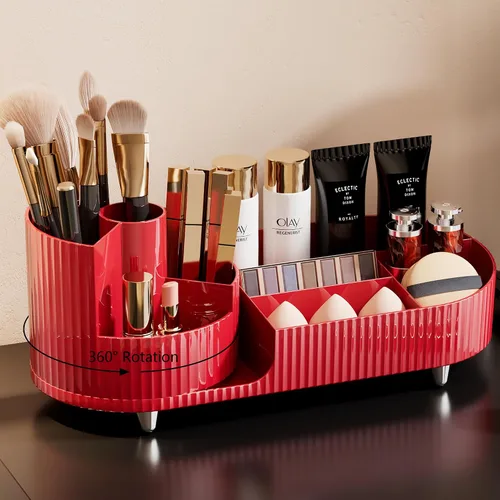 Vista 4 de COMFYROOM Organizador de maquillaje para tocador con soporte para brochas, organizador de maquillaje cosmético de 3 capas, organizador de maquillaje