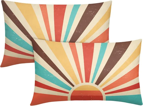Vista 5 de Juego de 2 fundas de almohada verdes bohemias de 16 x 16 pulgadas, diseño bohemio, amanecer, puesta de sol, estampado abstracto de sol, fundas