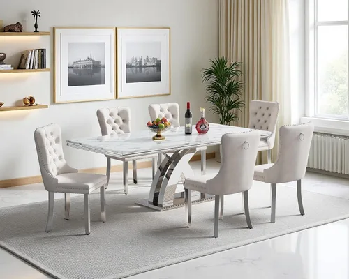 Vista 21 de Juego de mesa de comedor de mármol sintético, 7 piezas, juego de mesa de cocina y comedor para 6, mesa de comedor rectangular blanca de 70 pulgadas
