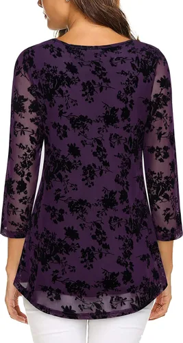 Vista 2 de VALOLIA Blusa de manga 34 para mujer, estilo casual, holgada, floral, de malla, plisada, en capas