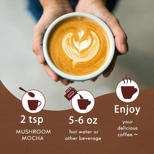 Vista 6 de Café de hongos con cacao en polvo, mezcla de café instantáneo de hongos moca Suplemento de 10 hongos, coco y MCT, apoya la concentración