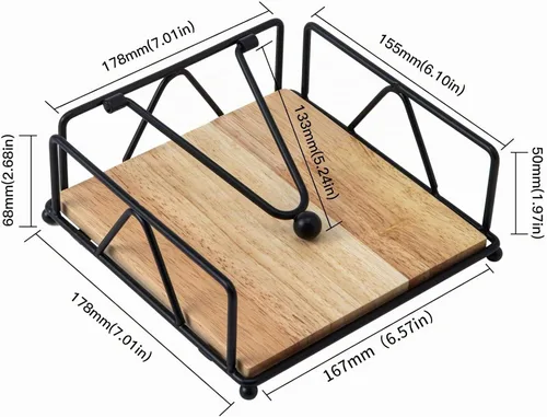 Vista 4 de Servilletero cuadrado – Dispensador de servilletas de mesa duradero con brazo pesado, almacenamiento de servilletas de metal con base de madera