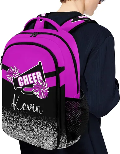 Vista 6 de XOZOTY Mochila de animadora púrpura claro personalizada con nombre para hombres y mujeres, bolso de hombro para computadora portátil, bolsa