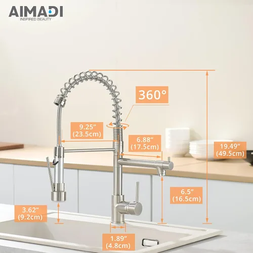 Vista 6 de AIMADI - Grifo de cocina con rociador desplegable, grifo de cocina comercial de arco alto, de una sola manija, de acero inoxidable con níquel Níquel