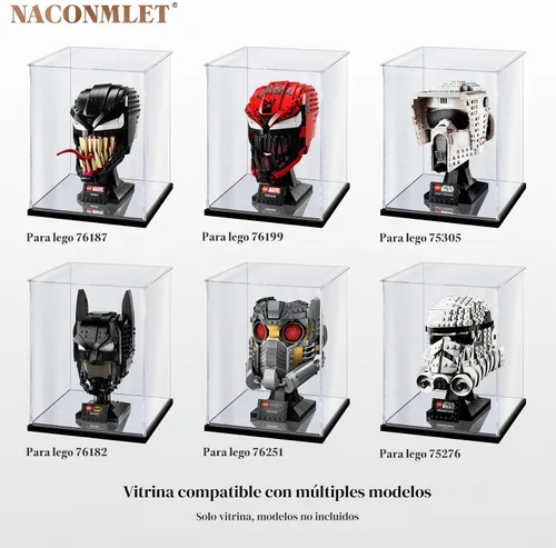 Vista 2 de Vitrina de acrílico transparente premium con iluminación LED – Escaparate a prueba de polvo con protección UV para máscara Lego Venom 76187, cascos