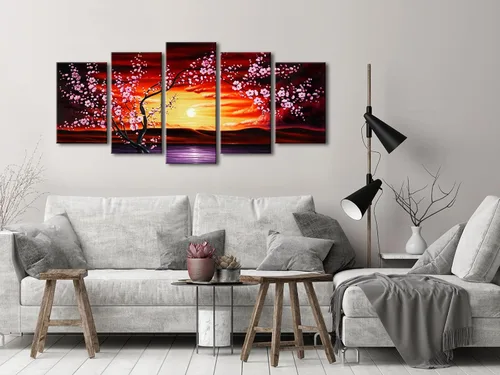 Vista 2 de Wieco Art 5 piezas de lienzo con diseño de flor de ciruelo, arte de pared, cuadros florales abstractos, pinturas decorativas para decoración