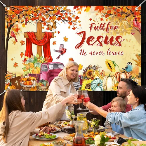 Vista 3 de YE SU - Fondo de fotografía con texto en inglés "Fall for Jesus", "Jesús Él Never Leave", fondo de fotografía de otoño, calabaza, hojas de arce