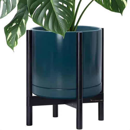 Vista 61 de D'vine Dev Maceta de cerámica con soporte de ébano – Maceta redonda moderna de 8 pulgadas con soporte para maceta de madera, color negro, 55-B-M-2