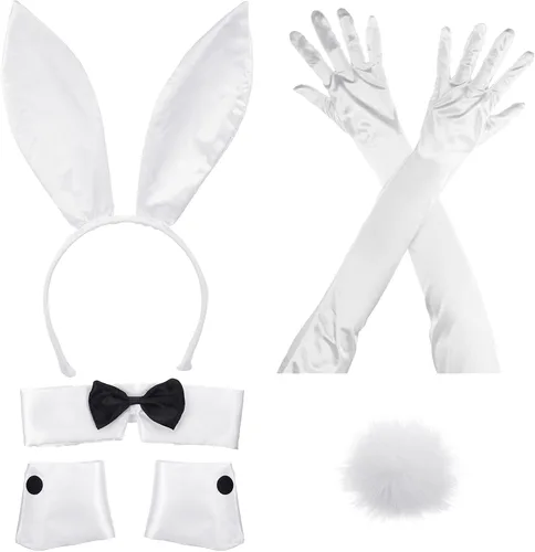 Vista 12 de Zhanmai Juego de accesorios de disfraz de conejo de Halloween para mujer Diadema de orejas de conejo rojo rosa, puños, cola y guantes, accesorio