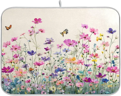 Vista 28 de Tapete de secado de platos de primavera naranja con flor de amapola para encimera de cocina, tapete escurridor absorbente de microfibra, tapete