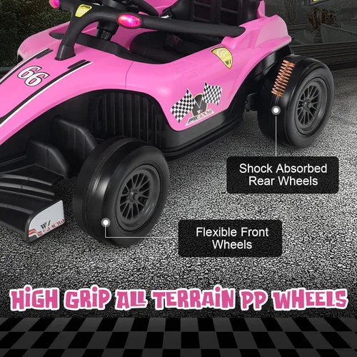 Vista 5 de HONEY JOY Go Kart eléctrico de carreras F1 alimentado por batería, con luz y música, suspensión de resorte, puerto USB, velocidad altabaja, vehículo