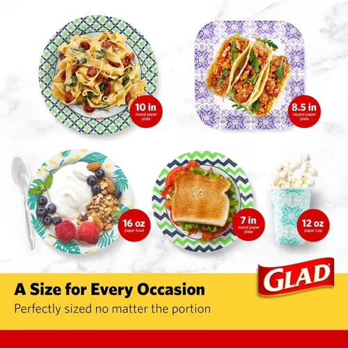 Vista 7 de Glad Platos redondos de papel desechables, patrón de hojas de palma, a prueba de remojo, resistentes a cortes, aptos para microondas para comidas