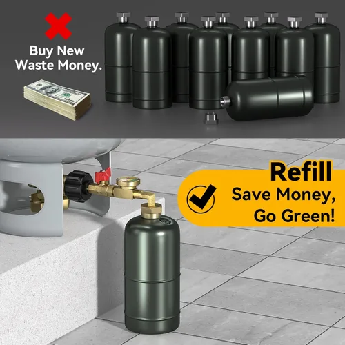 Vista 6 de Adaptador de relleno de propano mejorado para tanques de 1 libra, con válvula y manómetro, llena botellas de 1 libra desde tanque de 20 libras