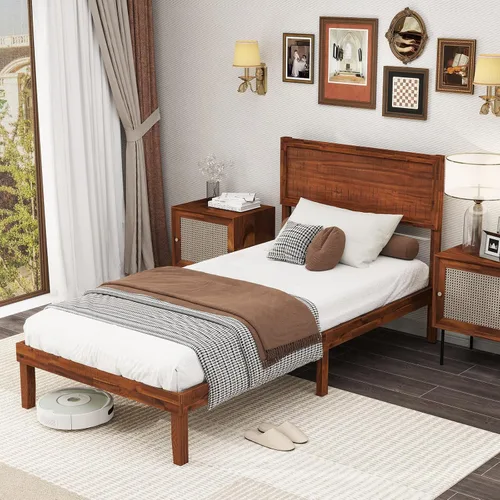 Vista 3 de KOMFOTT Base de cama de madera tamaño twin con cabecero, base de cama de plataforma de madera de acacia sólida, base de cama soportada por listones