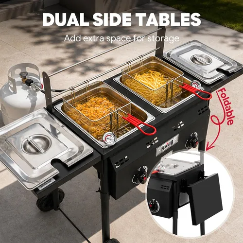 Vista 8 de Freidora profunda al aire libre de propano Feasto, tanque doble con quemadores independientes dobles de hierro fundido y termómetros, olla