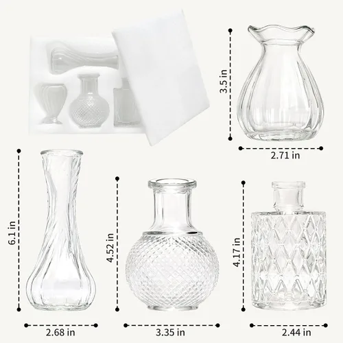 Vista 2 de KJHL Juego de 4 jarrones pequeños de cristal para flores, jarrones de flores pequeños transparentes vintage para centros de mesa de boda, mini
