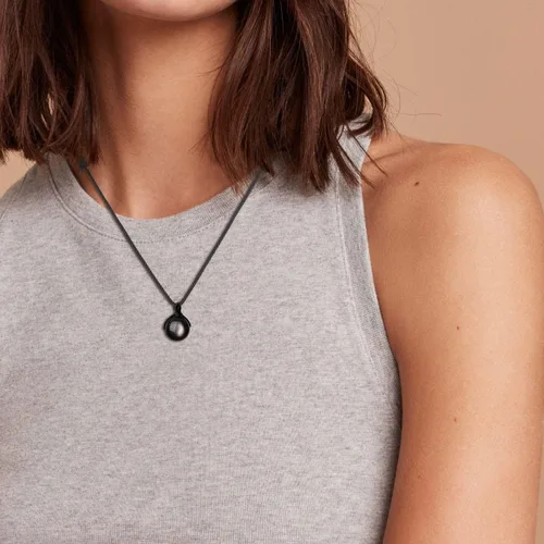 Vista 2 de COAI Collar con colgante de piedra de obsidiana brillante de plata con cuentas redondas