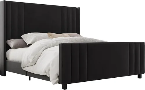 Vista 9 de Albott Base de cama de plataforma tamaño Queen, cama tapizada con cabecera y pie de cama con respaldo alado acolchado de canales verticales Negro