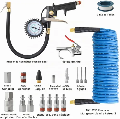 Vista 6 de Gunpla Kit de accesorios para compresor de aire de 19 piezas, accesorios de manguera de aire de alta resistencia y medidor de inflado de neumáticos