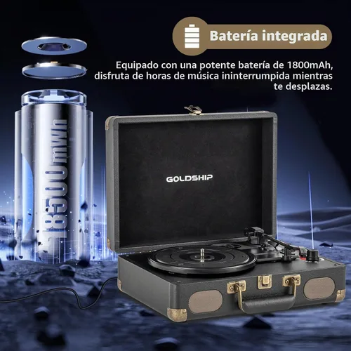Vista 7 de Tocadiscos de vinilo portátil de 3 velocidades con Bluetooth con batería recargable, diseño retro de maleta, salida de línea Aux in/RCA y puertos