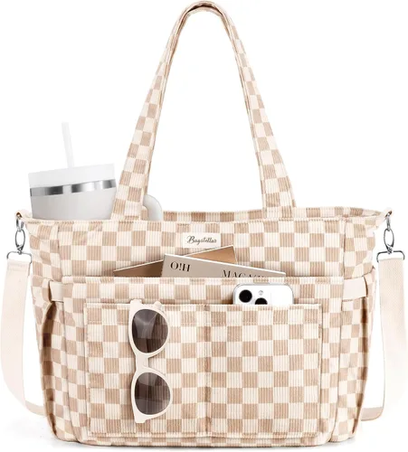 Vista 10 de Bolsa tote de pana para mujeres, 17 bolsillos para laptop de trabajo, ligera, para maestras, enfermeras, bolsa de hombro bíblica para escuela