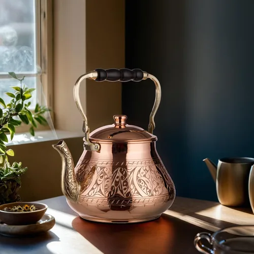 Vista 5 de DEMMEX Tetera grande de cobre, 0.039 in de grosor, grabada, hecha a mano en Turquía, 3.1 cuartos (2.9L)