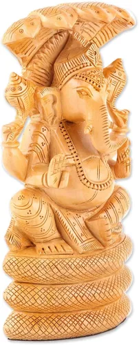 Vista 2 de NOVICA Escultura de madera hecha a mano Ganesha y serpiente Kadam de la India, animal marrón, hinduismo, religioso, elefante, serpiente