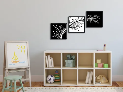 Vista 2 de Wieco Art - Hojas enmarcadas modernas de 3 paneles, arte de flores en lienzo, impresiones en negro y blanco, árboles florales abstractos, pinturas