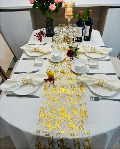 Vista 2 de Camino de mesa de oro metálico con purpurina de 11x108 pulgadas, rollo de camino de mesa fino brillante, decoración de mesa para bodas, despedida