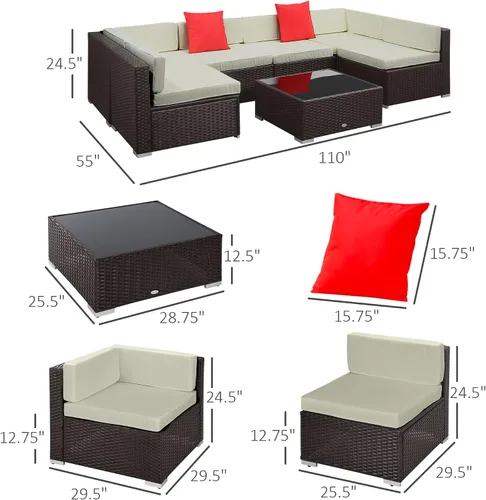 Vista 7 de Outsunny 7 piezas Sofá de mimbre seccional Juego de muebles de conversación acolchada al aire última intervensión Patio